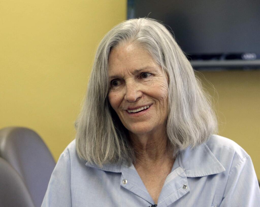 FILE - In this April 14, 2016 file photo, former Charles Manson follower Leslie Van Houten confers with her attorney Rich Pfeiffer, not shown, during a break from her hearing before the California Board of Parole Hearings at the California Institution for Women in Chino, Calif. California Gov. Jerry Brown is denying parole for Van Houten, the youngest follower of murderous cult leader Charles Manson. The Democratic governor said Friday, July 22, 2016, Van Houten‚Äôs ‚Äúinability to explain her willing participation in such horrific violence‚Äù leads him to believe she remains an unreasonable risk to society. (AP Photo/Nick Ut, File)