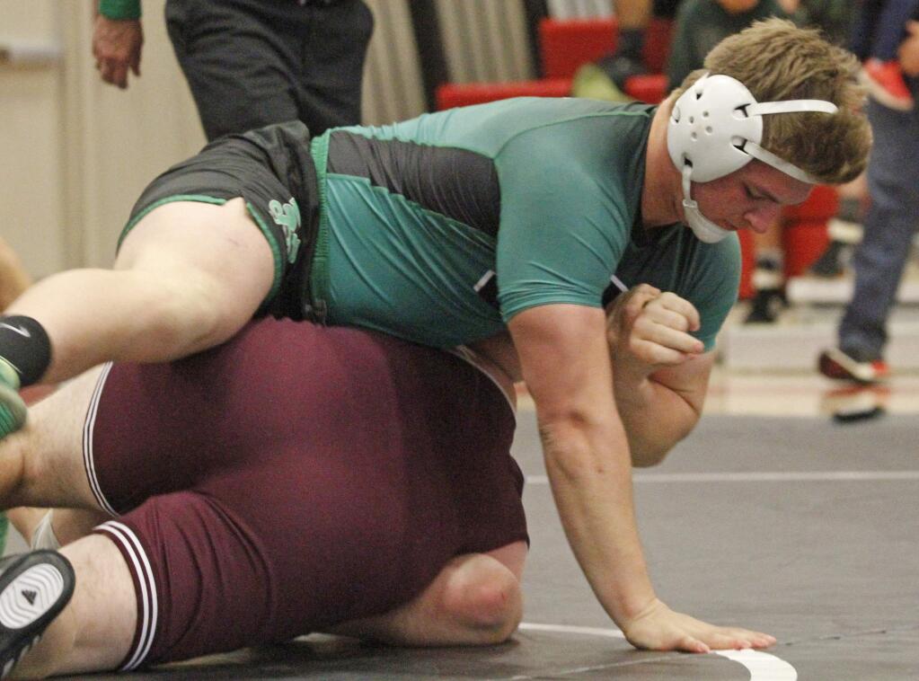 Sonoma Valley's Tyler Winslow in action last year, which saw him reach the state finals. Winslow, a senior, dislocated his elbow during compeition at the NCS finals on Saturday, Feb. 16, ending his high school athletic career. (Bill Hoban/Index-Tribune)