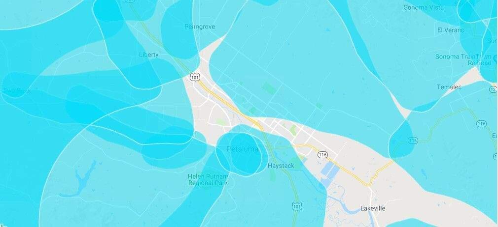 A screenshot of an interactive map released Friday shows where PG&Es planned outages to prevent wildfires are more likely to affect electric customers (affected area shaded blue) in Petaluma.
