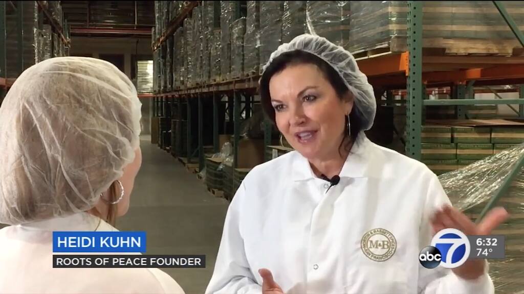 Heidi Kuhn, founder of Roots of Peace speaks with an ABC reporter about Morton & Bassett’s involvement with the organization, such as ordering pepper from farmers in Vietnam. (screenshot from a Morton & Bassett video)