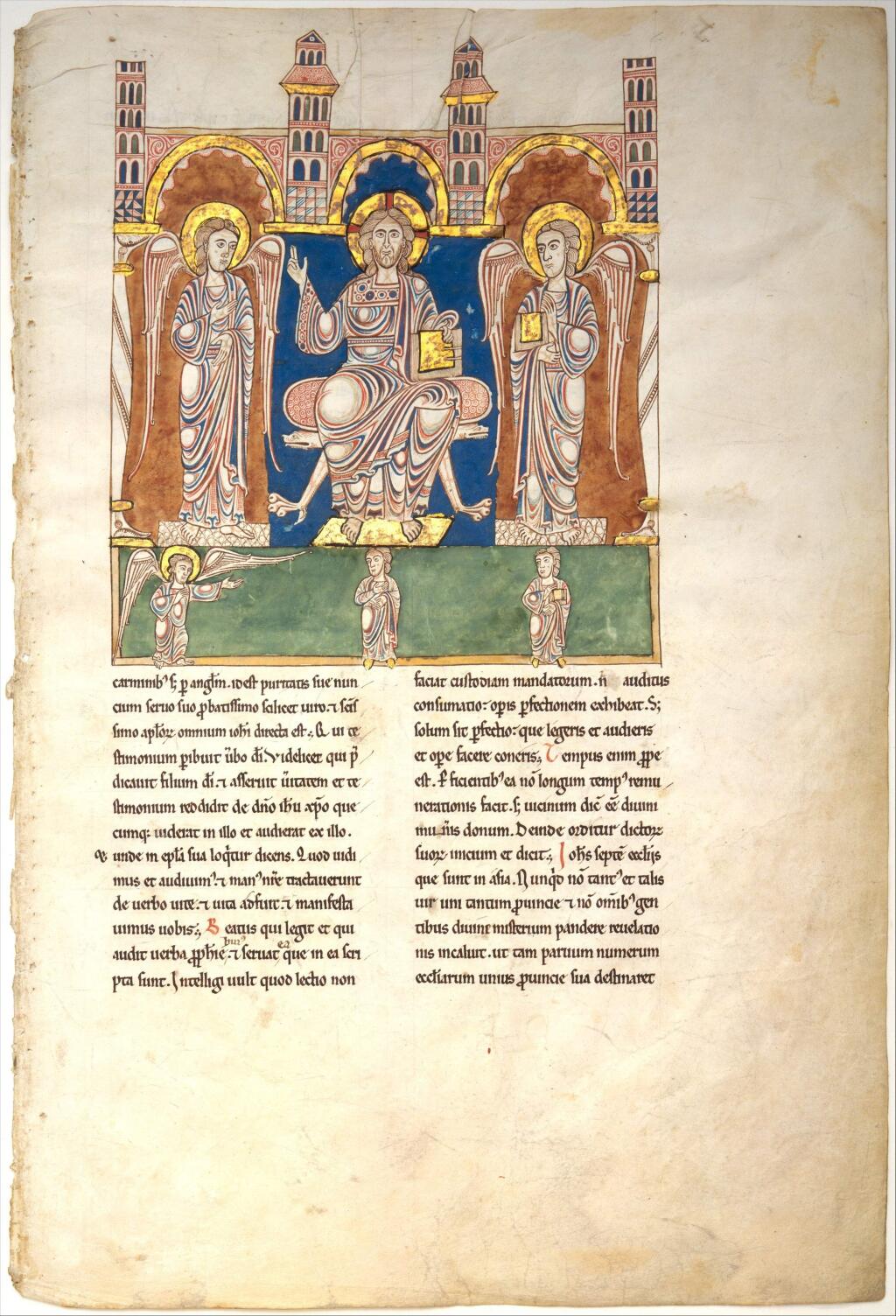 This image provided by the Metropolitan Museum of Art shows, a leaf from a Beatus Manuscript: Christ in Majesty with Angels and the Angel of God Directs Saint John to Write the Book of Revelation, ca. 1180. Modern-day scientists who examined the 1,000 year-old remains of a middle-aged woman in Germany discovered lapis lazuli, a semi-precious stone, in the tartar on her teeth. From that, they concluded the woman was an artist involved in creating illuminated manuscripts, a task usually associated with monks. The find is considered the most direct evidence yet of a woman taking part in the making of high-quality illuminated manuscripts, the lavishly illustrated religious and secular texts of the Middle Ages. And it corroborates other findings that suggest female artisans were not as rare as previously thought. (Metropolitan Museum of Art via AP)