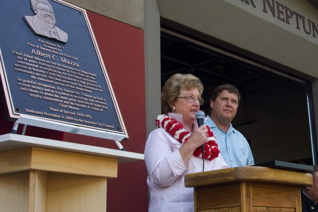 Kathy Mazza speaking at the dedication and naming of the Sonoma fire station after her husband, retired Fire Chief Albert C. Mazza. Steve Mazza, Al's son by his first marriage, is to her left. (File photo by Robbi Pengelly/Index-Tribune)