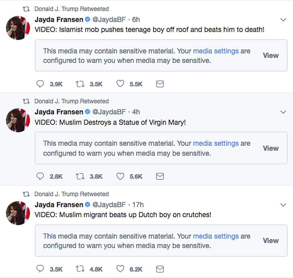 This screenshot from President Donald Trump's Twitter account shows three retweets that he posted early Wednesday morning, Nov. 29, 2017, from the account of Jayda Fransen, the deputy leader of the British far-right fringe group Britain First. The origins of the videos in the tweets could not immediately be determined. They purport to show violence being committed by Muslims. (Twitter via AP)