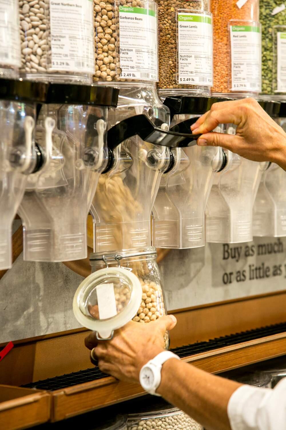 Glass jar, pre-labeled with weight, filled with garbanzo beans by Katherine Llodra, in an effort to eliminate waste here shopping at Whole Foods in Sonoma. Tuesday, Oct. 1, 2019. (Photo by Julie Vader/special to the Index-Tribune)