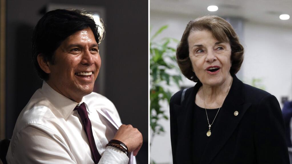 Sen. Dianne Feinstein, right, is seeking a fifth full term in the Senate, while State Sen. Kevin de León, left, is challenging her from the left. (Associated Press)