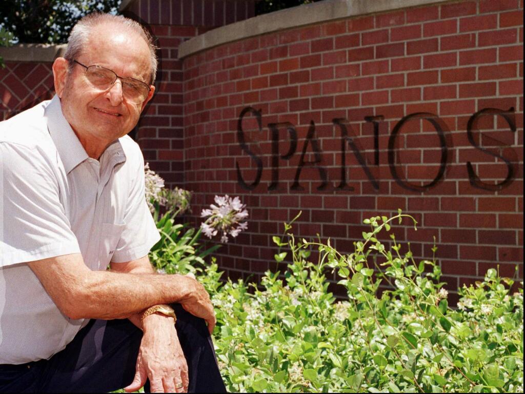 FILE - In this July 14, 1997, file photo, San Diego Chargers owner Alex Spanos poses in front of the Spanos Park development in Stockton, Calif. Alex Spanos, who used his fortune from construction and real estate to buy the Chargers in 1984, died Tuesday, Oct. 9, 2018. He was 95. (AP Photo/Ben Margot, File)