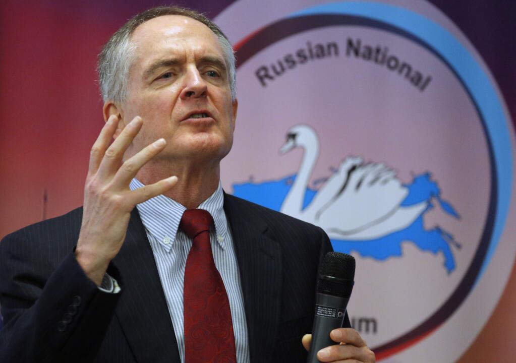 FILE - In a March 22, 2015 file photo, U.S. writer Jared Taylor, author of the book 'White Identity' speaks during the International Russian Conservative Forum in St. Petersburg, Russia. Taylor is suing Twitter for banning his account amid the company's recent crackdown on content it deems abusive. He filed the lawsuit Tuesday, Feb. 20, 2018, in a San Francisco state court. Taylor joins a growing list of extreme right wing groups and figures suing social media sites for banning their accounts and content.(AP Photo/Dmitry Lovetsky, File)