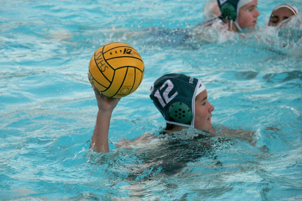 Sophia Portello of the Sonoma Valley varsity girls water polo team readies for a shot against Tamalpais in the Tuesday, Sept. 20 game. The girls hung tough against the dangerous Tam team, but couldn't keep up their defense through the fourth quarter and lost 8-3. (Christian Kallen/Index-Tribune)