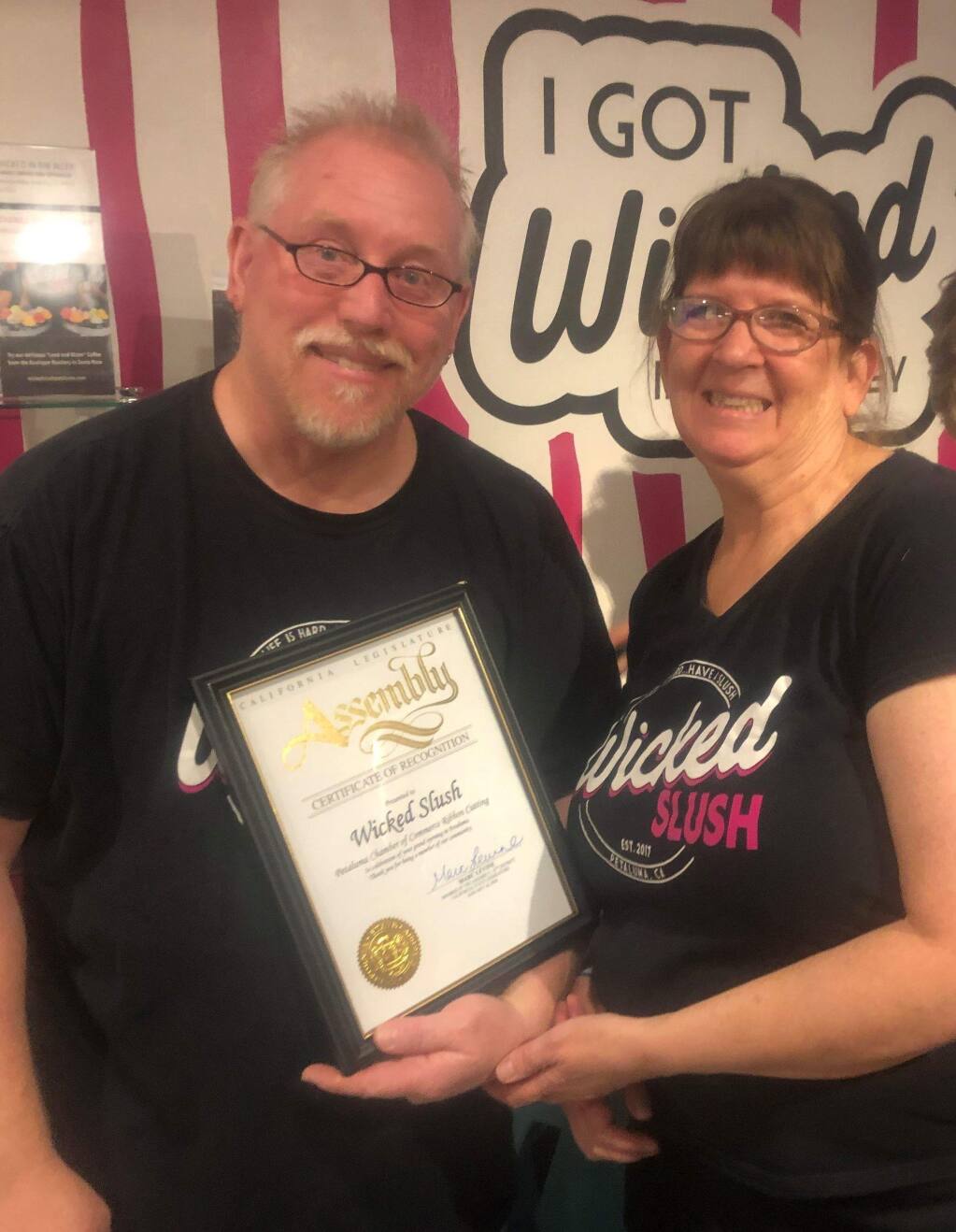 Dave and Juliet Pokorny, of Wicked Slush, with Certificate of Recognition from the California State Assembly.