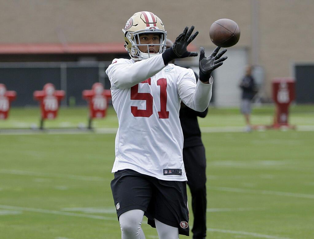 The San Francisco 49ers' Malcolm Smith during practice at the team's training facility in Santa Clara, Thursday, June 8, 2017. (AP Photo/Jeff Chiu)