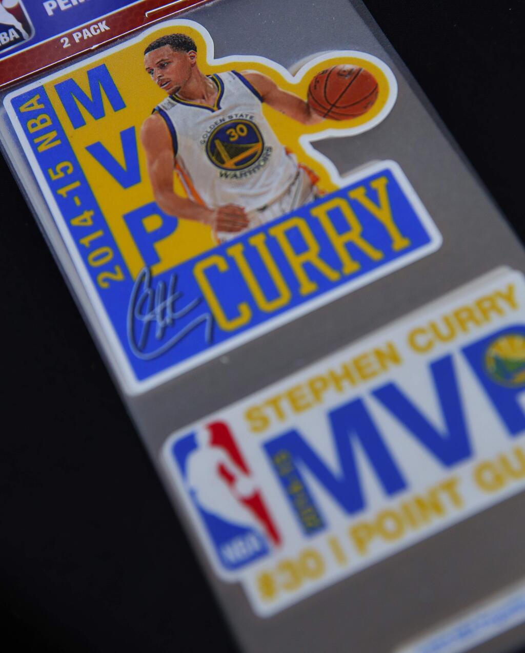 An MVP Stephen Curry sticker from last season for sale at a roadside vendor in Rohnert Park, on Tuesday, May 10, 2016. (Christopher Chung/ The Press Democrat)