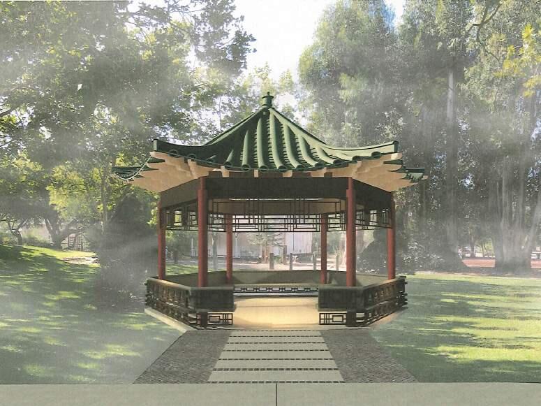 An artist's rendering of the Memorial Ting at Depot Park; the 'recognition bricks' linke the approach into the structure's entrance. (Backen Gillam architects)