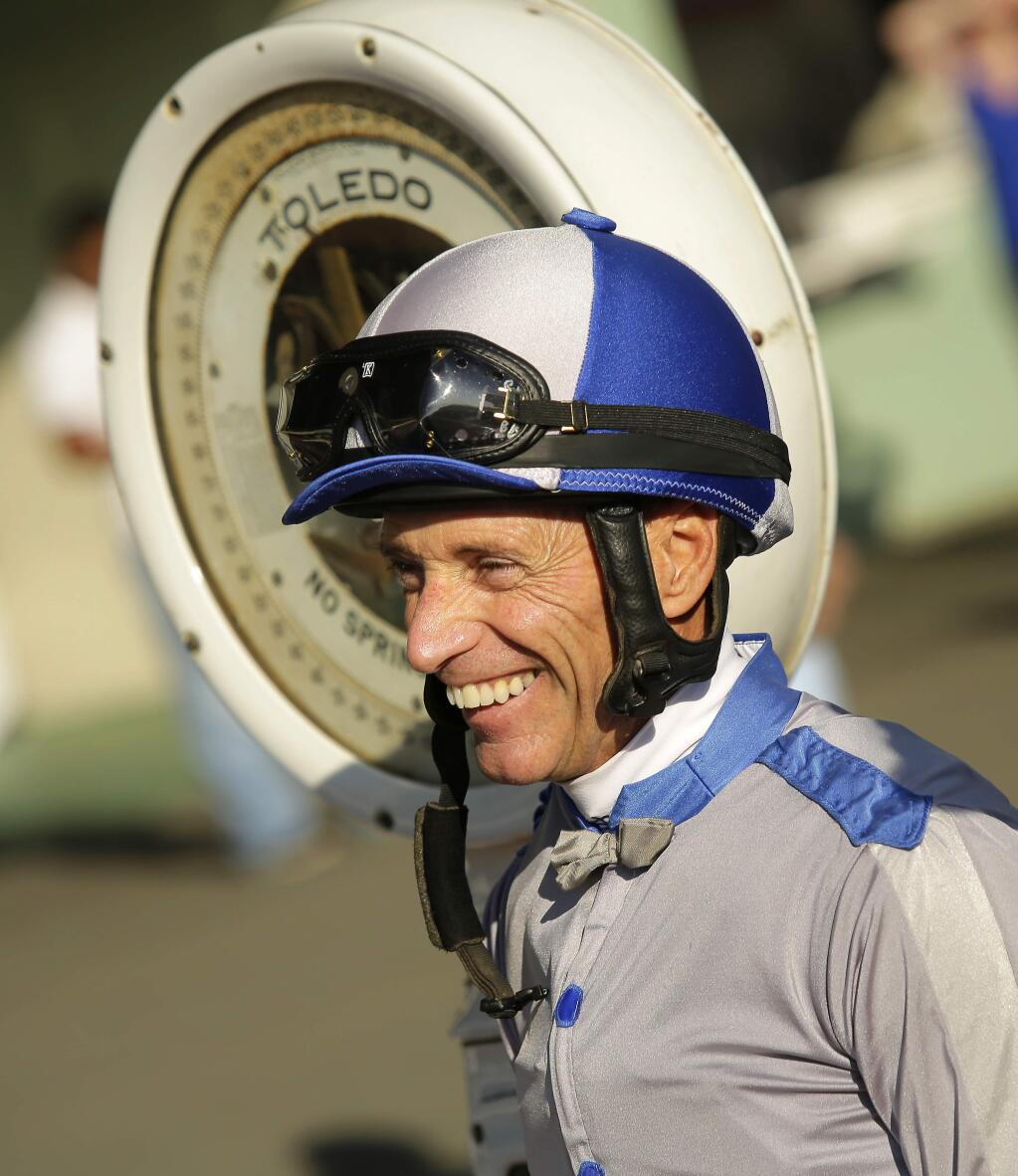 Jockey Russell Baze smiles on the scale after winning the Wine Country Debutante Stakes horse race at the Sonoma County Fair in 2014. (CONNER JAY/ PD)