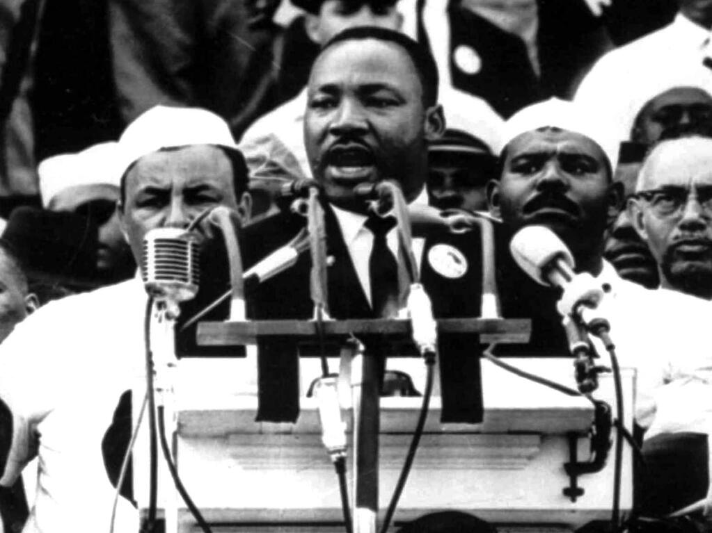FILE - In this Aug. 28, 1963 file photo, Dr. Martin Luther King Jr. addresses marchers during his 'I Have a Dream' speech at the Lincoln Memorial in Washington. (AP Photo, File)