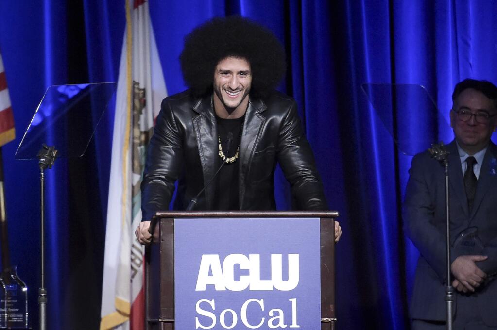Colin Kaepernick attends the 2017 ACLU SoCal's Bill of Rights Dinner at the Beverly Wilshire Hotel on Sunday, Dec. 3, 2017, in Beverly Hills, Calif. (Photo by Richard Shotwell/Invision/AP)
