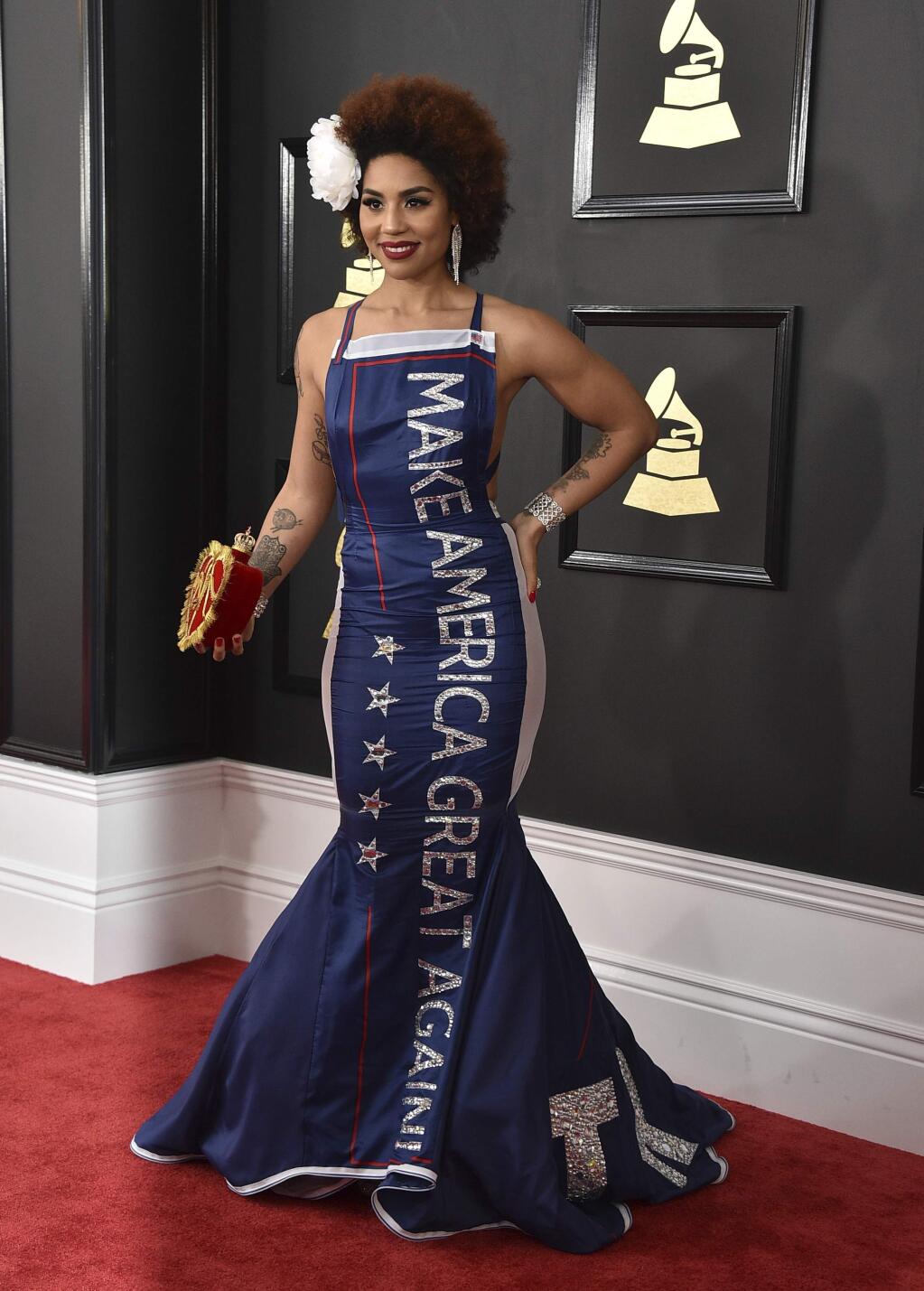 Joy Villa wears a gown that says 'Make America Great Again' at the 59th annual Grammy Awards at the Staples Center on Sunday, Feb. 12, 2017, in Los Angeles. (Photo by Jordan Strauss/Invision/AP)