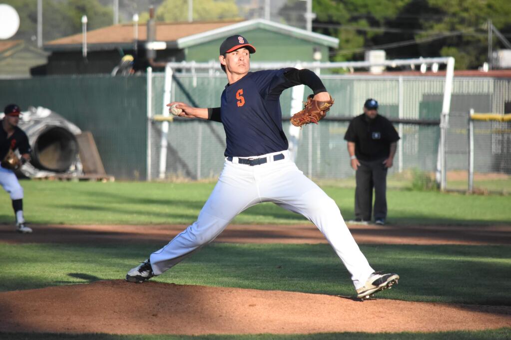 Right-handed pitcher Henry Omana threw four solid innings in the June 2 victory over the Napa Silverados, 9-4. (James W. Toy III / Sonoma Stompers)