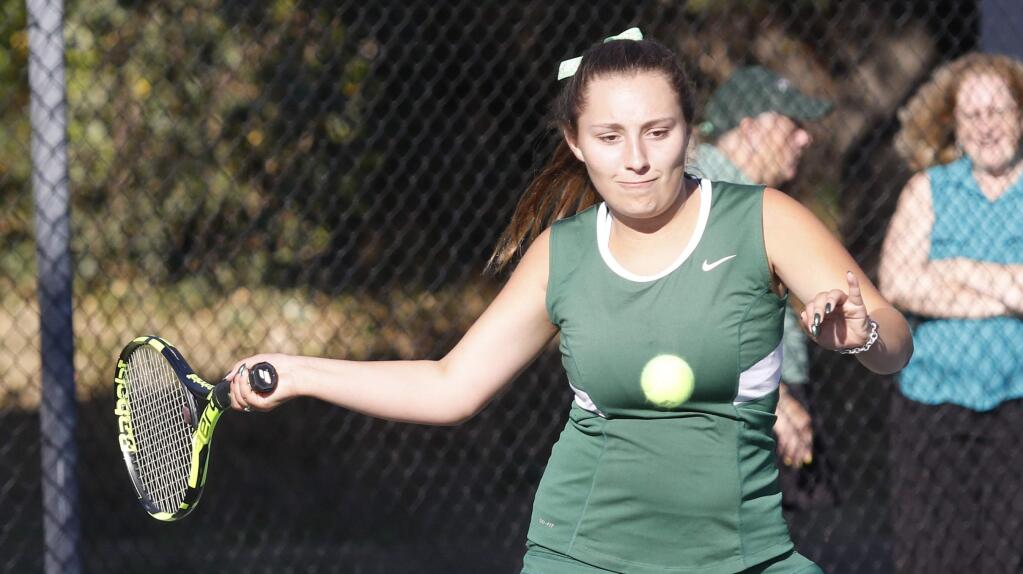 Bill Hoban/Special to the Index-TribuneSonoma's Audrey Castillo returns a serve Tuesday during the Lady Dragons match againbst American Canyon. On Wednesday, the Lady Dragons defeated Vintage High to notch the team's first win of the year.