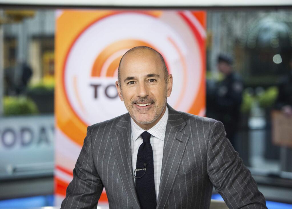 This Nov. 8, 2017 photo released by NBC shows Matt Lauer on the set of the 'Today' show in New York. On the week host Matt Lauer was fired because of sexual misconduct charges, NBC‚Äôs ‚ÄúToday‚Äù show beat its rivals at ABC for the first time in three months. (Nathan Congleton/NBC via AP)