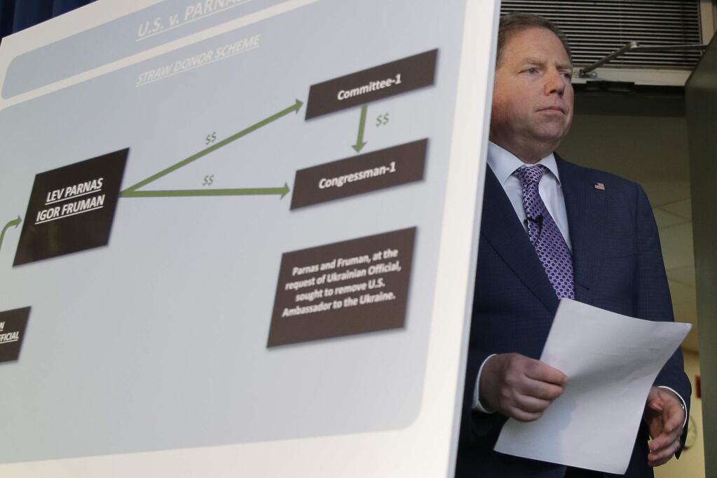 FILE - In this Thursday, Oct. 10, 2019, file photo, U.S. Attorney for the Southern District of New York Geoffrey Berman arrives for a news conference in New York. The Justice Department moved abruptly Friday, June 19, 2020, to oust Berman, the U.S. attorney in Manhattan overseeing key prosecutions of President Donald Trump's allies and an investigation of his personal lawyer Rudy Giuliani. But Berman said he was refusing to leave his post and his ongoing investigations would continue. (AP Photo/Seth Wenig, File)