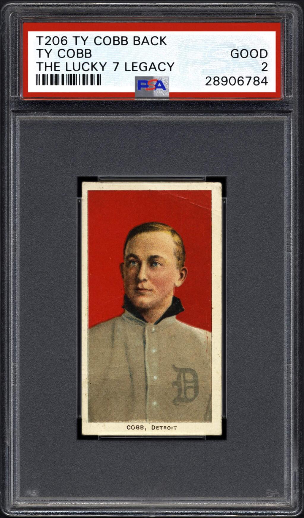 This undated photo provided by Professional Sports Authenticator shows the front of a Ty Cobb baseball card circa 1911. A family that made one of the greatest finds in the history of sports collectibles two years ago when they found seven Ty Cobb baseball cards printed between 1909 and 1911 have now found this, the eighth card in the matching set. Professional Sports Authenticator of Newport Beach, Calif., has verified the new card. (Professional Sports Authenticator via AP)