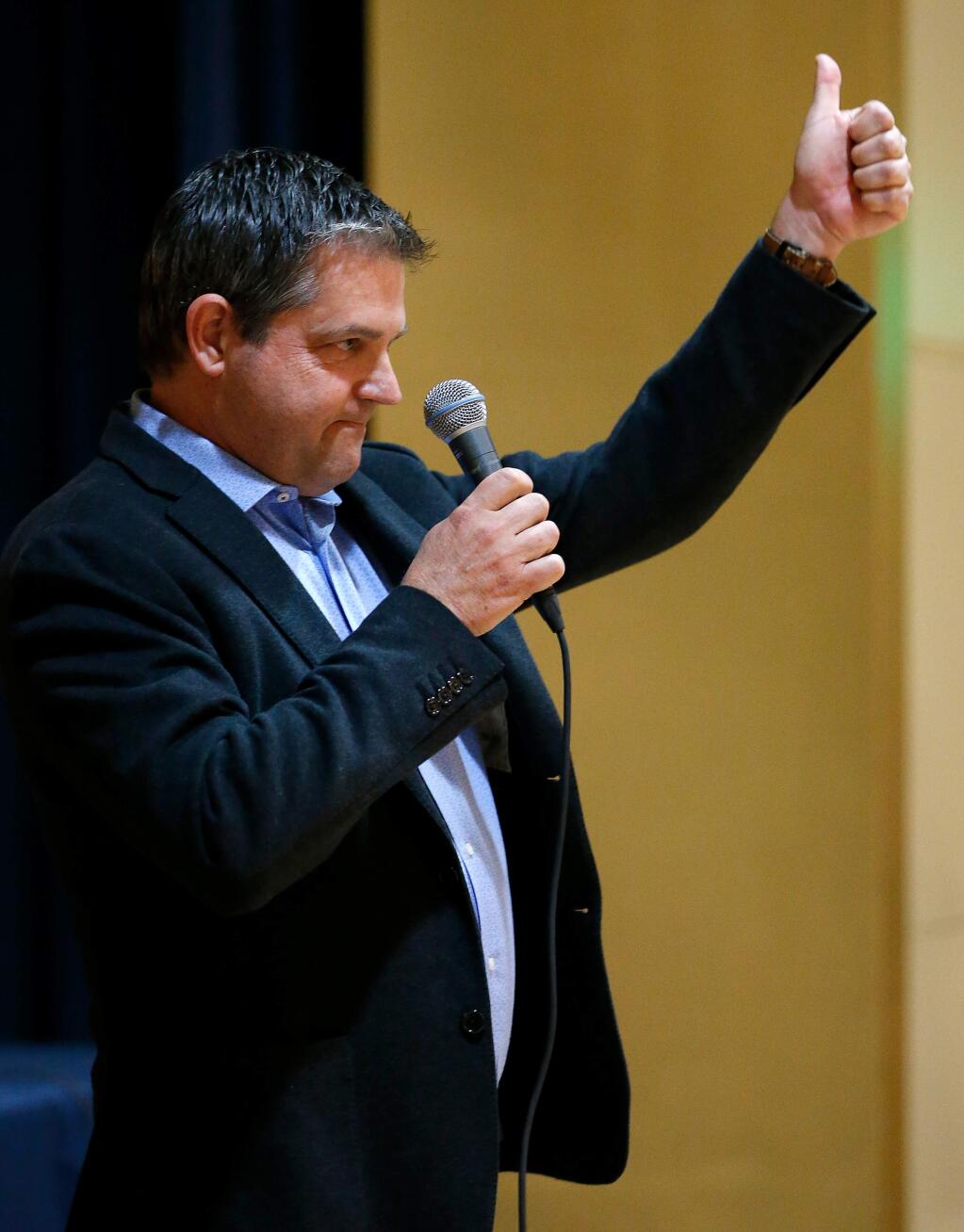 State Assembly member Jim Wood gives a thumbs up as he wraps up speaking during the local Democratic Party's biannual post-election review, hosted by Sonoma County Conservation Action at the Odd Fellows Hall in Santa Rosa on Saturday, Jan. 12, 2019. (Alvin Jornada / The Press Democrat)