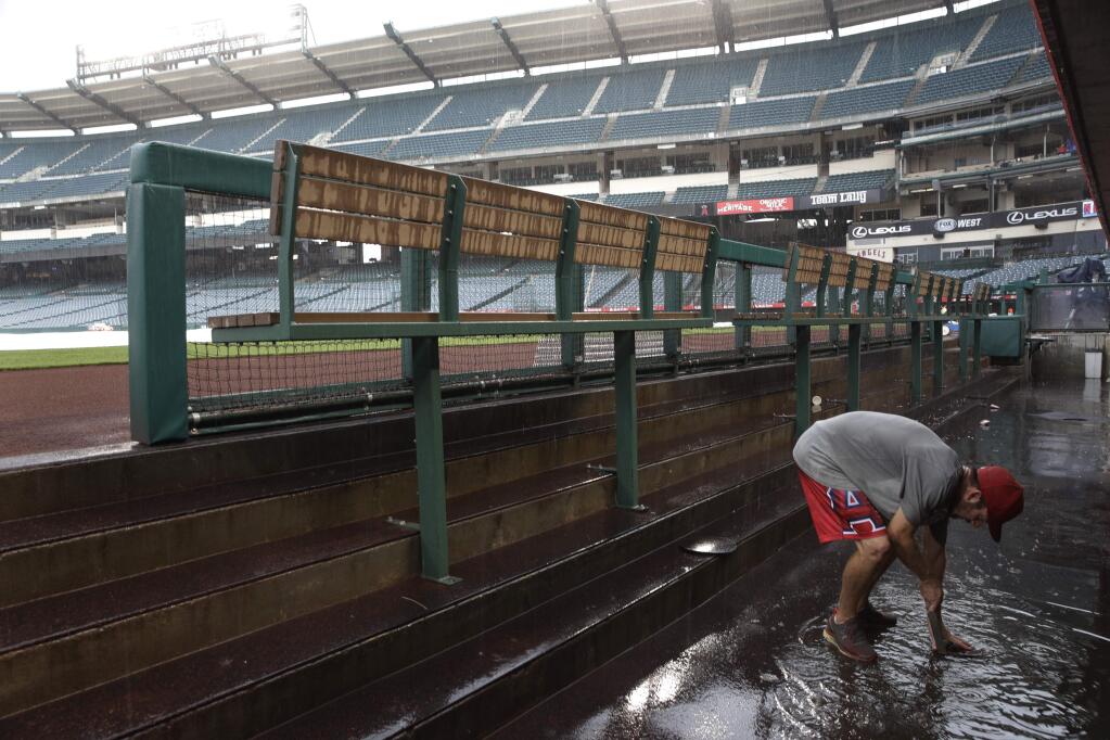 Heavy rain falls as a grounds crew member works on a clogged drain in the flooded dugout before a baseball game between the Los Angeles Angels and the Philadelphia Phillies, Tuesday, Aug. 1, 2017, in Anaheim, Calif. (AP Photo/Jae C. Hong)