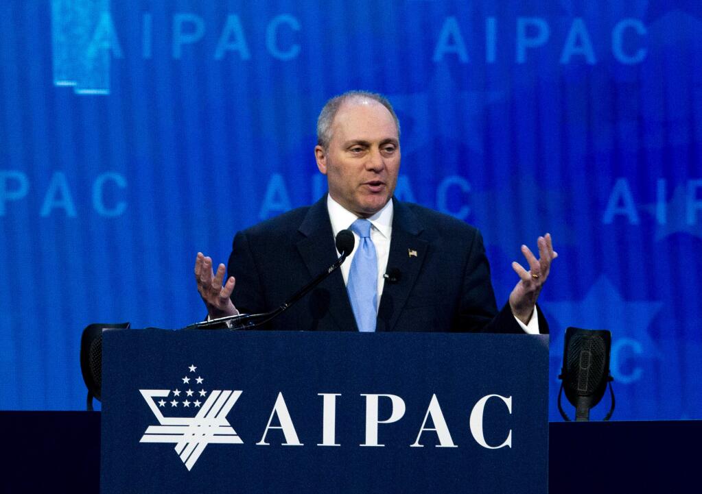 FILE - In this March 6, 2018, file photo, House Republican Whip Steve Scalise speaks at the 2018 American Israel Public Affairs Committee (AIPAC) policy conference in Washington. Some say it could be a fight between West and South. Or a battle for President Donald Trump's affections. Or a test of who can woo conservatives. But one thing is clear: If the showdown between California Rep. Kevin McCarthy and Scalise for the position of House speaker is a popularity contest, it will be tight.(AP Photo/Jose Luis Magana, File)