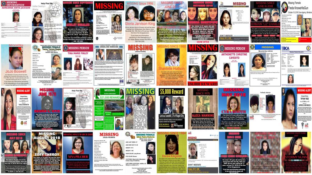 FILE - This file combination of images from various law enforcement agencies and organizations shows posters of missing and murdered Native American women and girls as of September 2018. No one knows precisely how many there are because authorities don't have reliable statistics. A top U.S. Justice Department official says it's doubling the amount of federal funding for tribal public safety and crime victims as it seeks to tackle the high-rates of violence against Native American women. The announcement on Wednesday, Sept. 19, 2018, comes amid increased focus on the deaths and disappearances of Native American women and girls in the U.S. (AP, File)