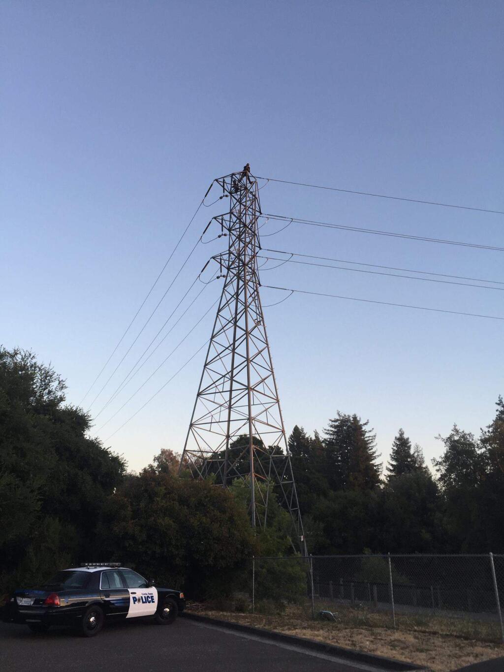 Santa Rosa police tried to convince a man to climb down from an electrical tower near Pierson Street and Santa Rosa Creek west of Highway 101 on Wednesday, June 29, 2016. ( SANTA ROSE POLICE DEPARTMENT )