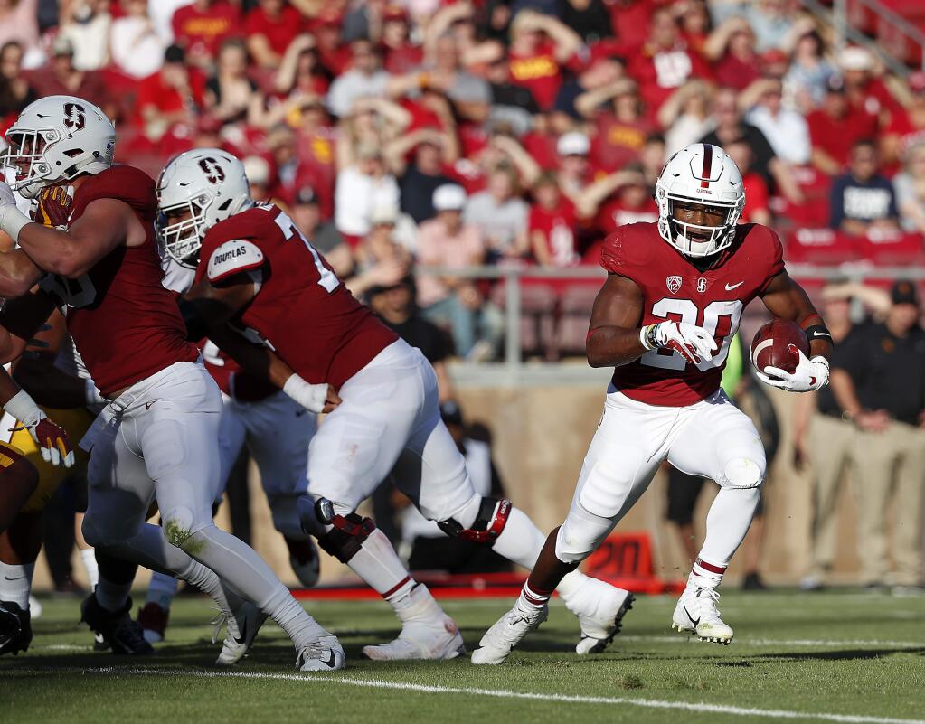 Stanford running back Bryce Love rushes against USC during the first half Saturday, Sept. 8, 2018, in Stanford. (AP Photo/Tony Avelar)