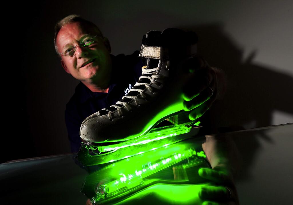 Ralph Haney invented 'Glo-Blades,' a color-changing led light system for ice skatess. (JOHN BURGESS / The Press Democrat)