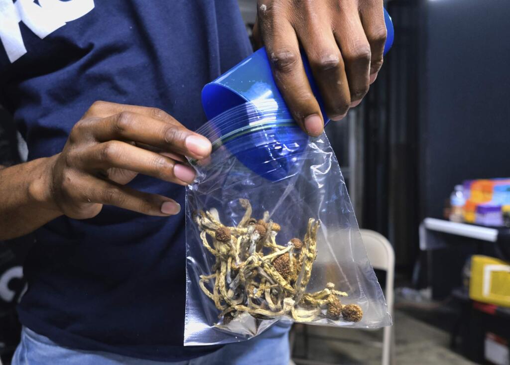 In this Friday, May 24, 2019 photo a vendor bags psilocybin mushrooms at a cannabis marketplace in Los Angeles. Oakland City Council will vote Tuesday, June 4, 2019, to decriminalize the possession and use of entheogenic, or psychoactive, plants and fungi. (AP Photo/Richard Vogel)