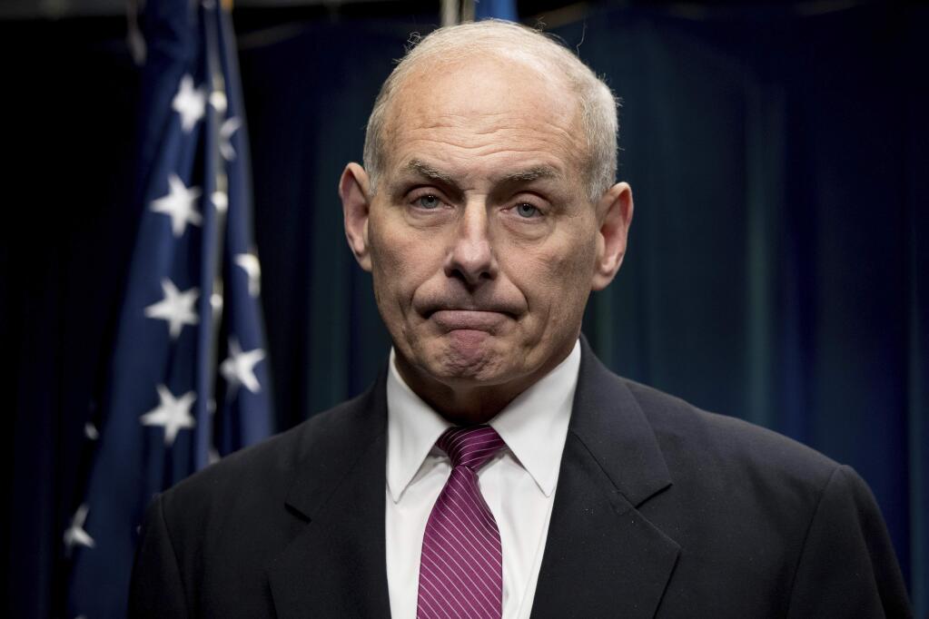 FILE - in this Jan. 31, 2017, file photo, Homeland Security Secretary John Kelly pauses while speaking at a news conference at the U.S. Customs and Border Protection headquarters in Washington. Kelly is heading to Capitol Hill for his first public appearance before lawmakers, who are sure to press him for details about the Trump administration‚Äôs contentious rollout of a travel and refugee ban. (AP Photo/Andrew Harnik, File)