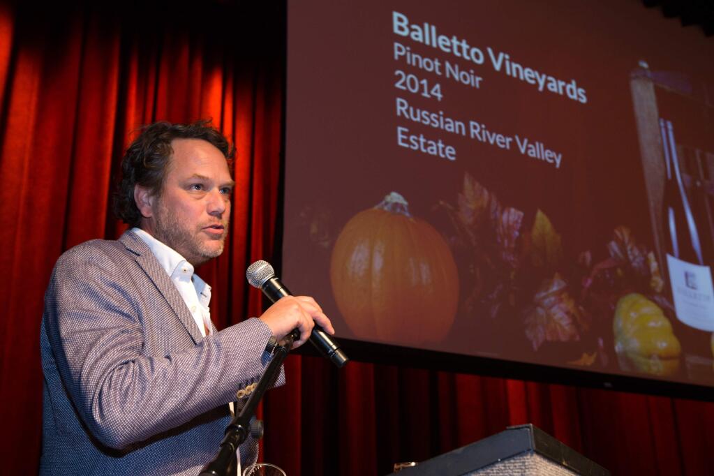 Winemaker Anthony Beckman of Balletto Vineyards, talks to the crowd after winning an award for red wine, during the Harvest Fair Awards Night Reception, Ceremony and Dinner, held at Luther Burbank Center for the Arts in Santa Rosa, on Sunday, October 1, 2017. (Photo by Darryl Bush / For The Press Democrat)