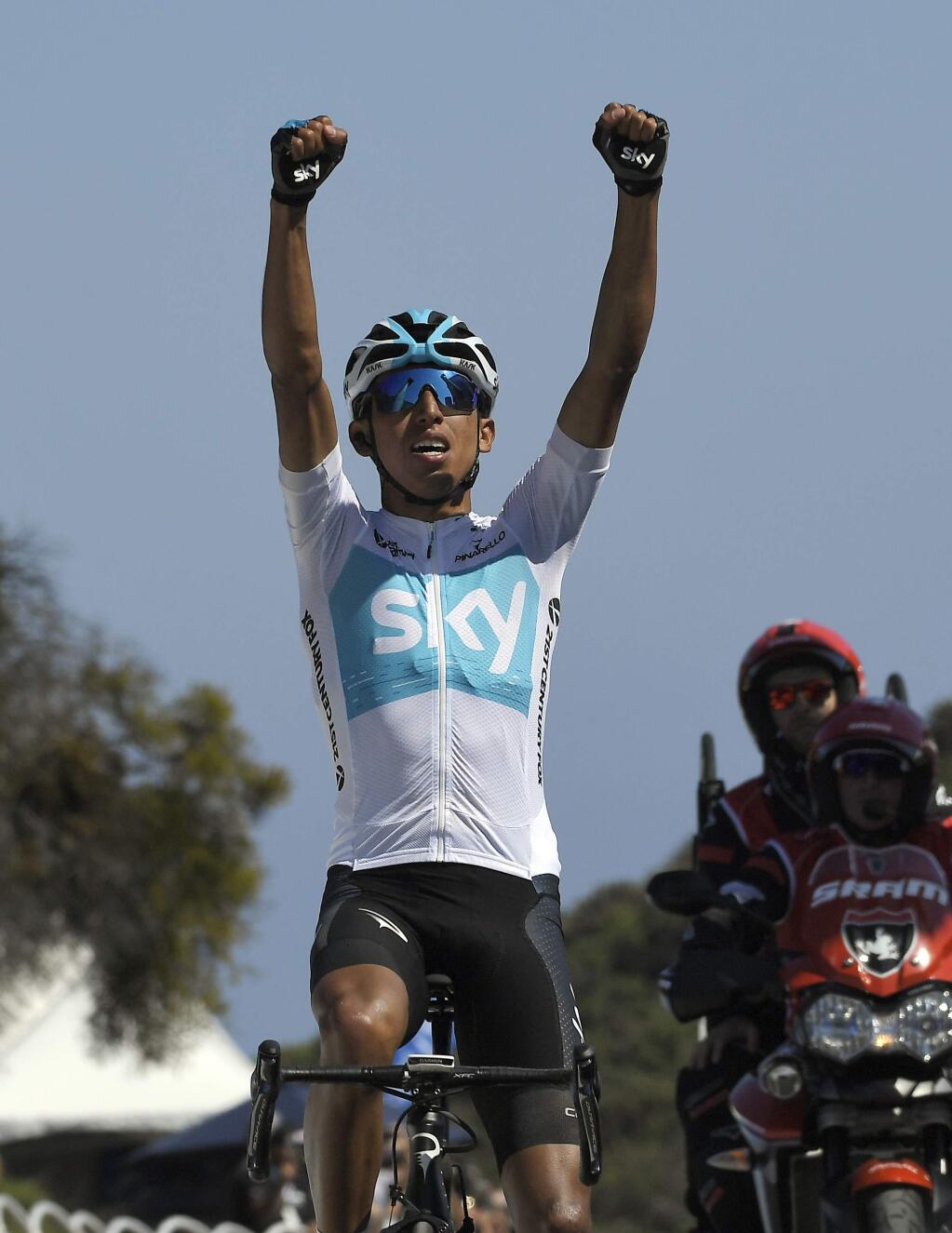 Bernal Gomez, of Colombia, celebrates as he wins Stage 2 of the AMGEN Tour of California Monday, May 14, 2018, in Santa Barbara, Calif. (AP Photo/Mark J. Terrill)