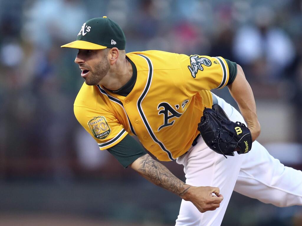 Oakland Athletics pitcher Mike Fiers works against the Minnesota Twins in the first inning Saturday, Sept. 22, 2018, in Oakland. (AP Photo/Ben Margot)