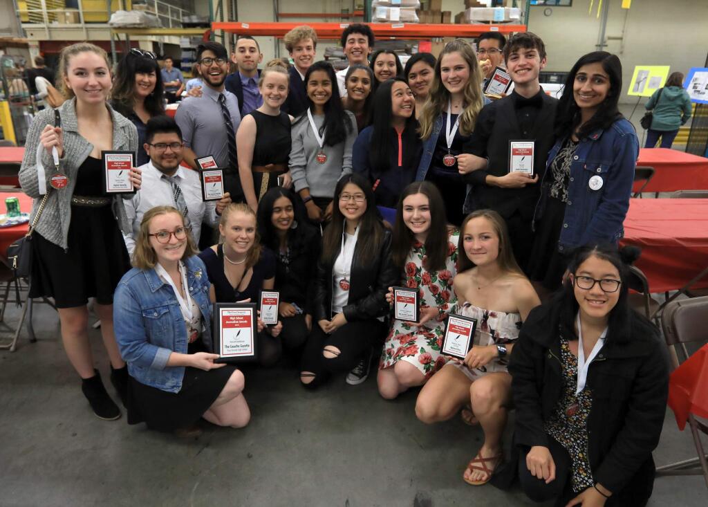 The journalism staff of the Gaucho Gazette of Casa Grande High School took home overall online and print excellence awards at the Press Democrat high school journalism awards, Monday, April 30, 2018 held at the Press Democrat printing facility in Rohnert Park. (Kent Porter / The Press Democrat) 2018