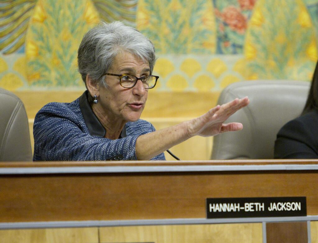 In this April 28, 2015 file photo, Senate Judiciary chairwoman Hannah Beth Jackson, D-Santa Barbara, gestures during a hearing. (AP Photo/Steve Yeater, file)