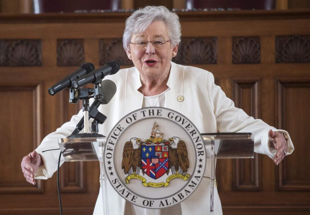 Alabama Gov. Kay Ivey speaks at the State Capitol in Montgomery, Ala., on Friday, May 8, 2020. (Jake Crandall/The Montgomery Advertiser via AP)
