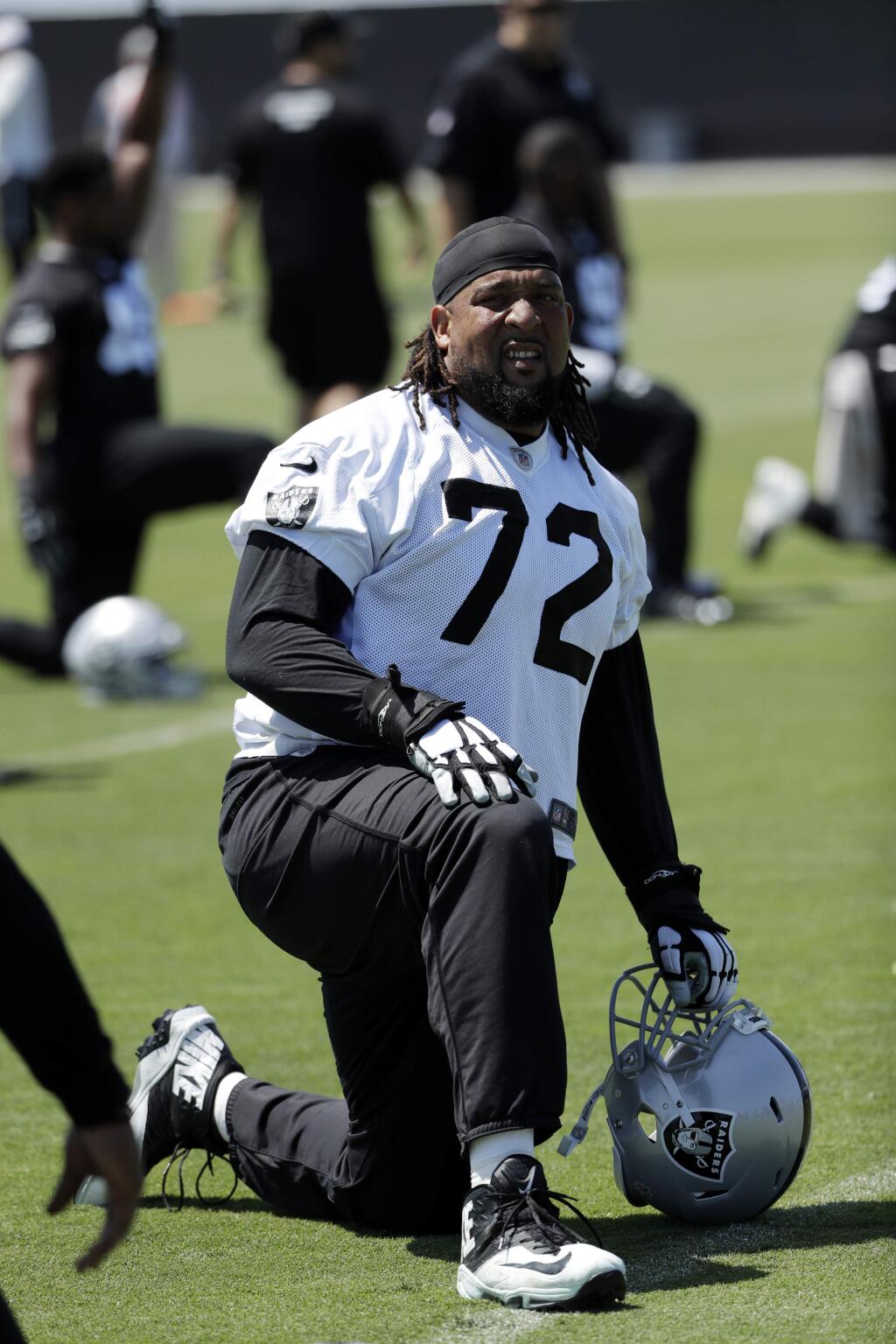 Oakland Raiders tackle Donald Penn (72) during the team's organized team activity at its NFL football training facility Tuesday, June 6, 2017, in Alameda, Calif. (AP Photo/Marcio Jose Sanchez)