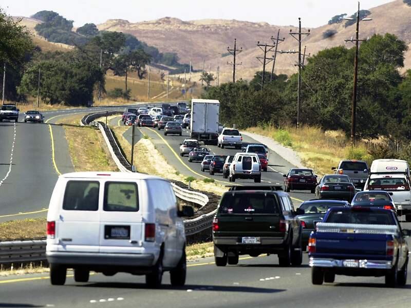 Commute traffic on Hightway 101 through the Novato Narrows.