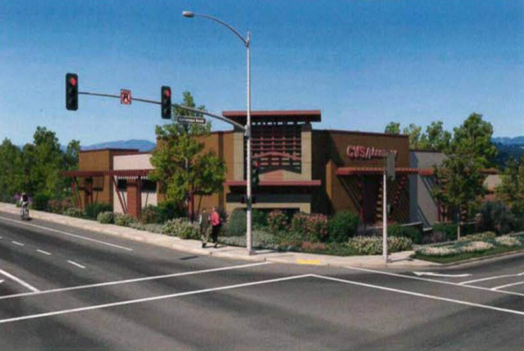 An artist's rendering that depicts the view from the southeast corner of The Shops at Austin Creek development proposed in Santa Rosa at the intersection of Highway 12 and Calistoga Road. (WARREN HEDGPETH ARCHITECTS)
