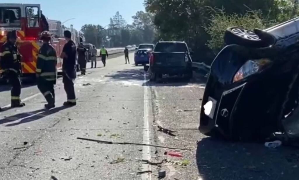 A screenshot from video from the Santa Rosa Fire Department shows a fatal crash on Highway 12 in Santa Rosa, Wednesday, Aug. 10, 2022. (Santa Rosa Fire Department)