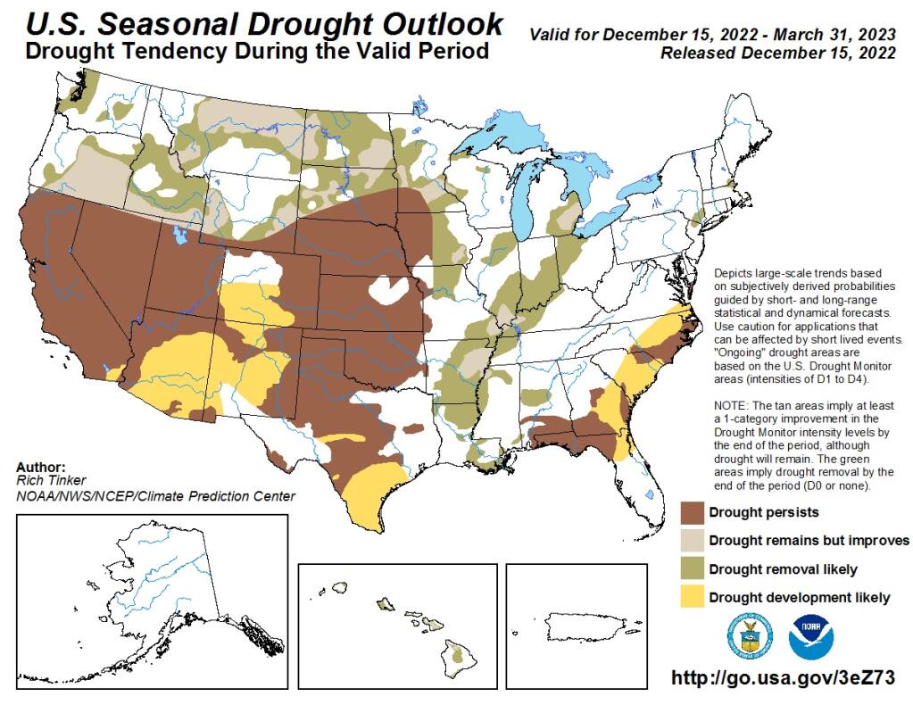 The NOAA winter drought outlook released on Dec. 15, 2022, shows California blanketed by drought conditions through the first quarter of 2023. (NOAA graphic)