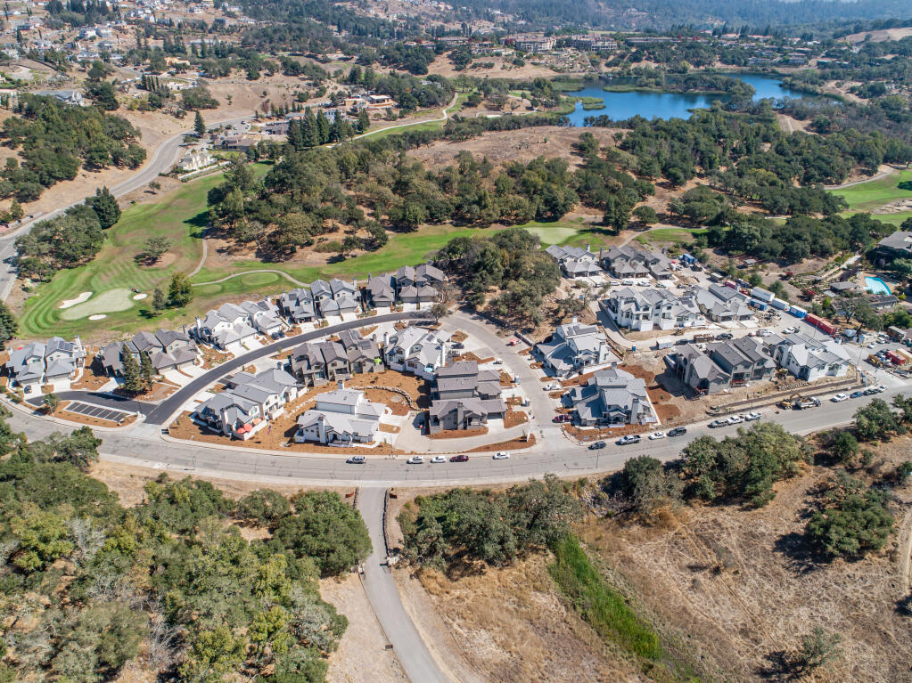 This aerial photo taken Sept. 25, 2020, shows all Oaks at Fountaingrove homes in northeast Santa Rosa nearing completion, now built with fire-resistant building materials such as metal roofs, sealed attics, stucco exteriors, fire-rated windows and fire/drought resistant landscaping. (Courtesy Photo)