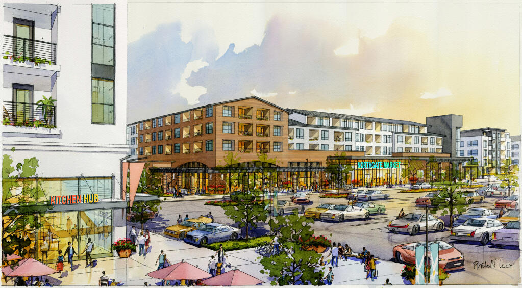Architectural rendering of some of the 898 apartments and grocery retail that would replace the existing former Sears store in Northgate Mall in San Rafael. The first phase is anticipated to get into construction in 2025. (courtesy of Merlone Geier, February 2021)