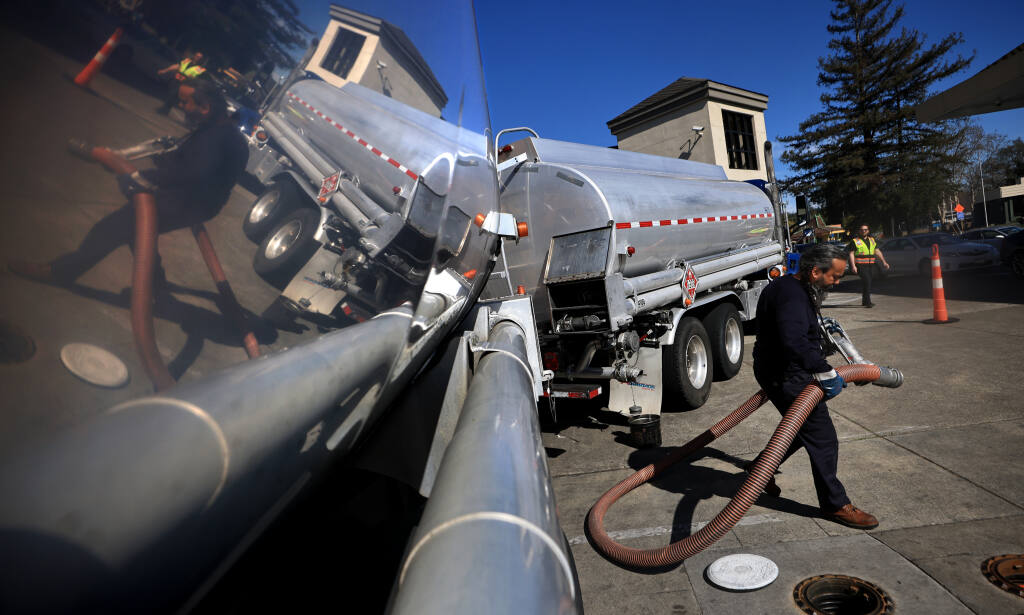 At the Safeway gas station on Mendocino Avenue in Santa Rosa, a driver for KAG West gets ready to top off underground gas tanks, Tuesday, March 8, 2022.  The driver declined to give his name.  (Kent Porter / The Press Democrat) 2022