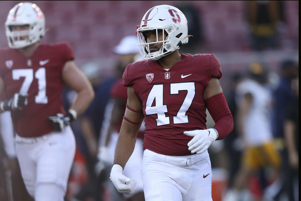 Stanford's Tangaloa Kaufusi (47) against California during an NCAA college football game in Stanford, Calif., Saturday, Nov. 20, 2021. (AP Photo/Jed Jacobsohn)