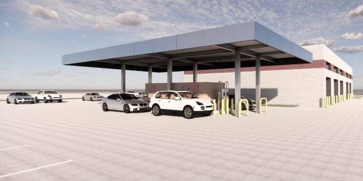 This architectural rendering shows the joint fueling station envisioned for the consolidated rent-a-car facility at Charles M. Schulz-Sonoma County Airport north of Santa Rosa. An updated plan would include around two dozen electric-vehicle chargers. (courtesy of Sonoma County)